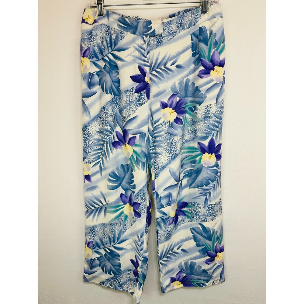 August Silk Women's Wide Leg Tropical Design Capri Pants Size M Mid Rise Pockets